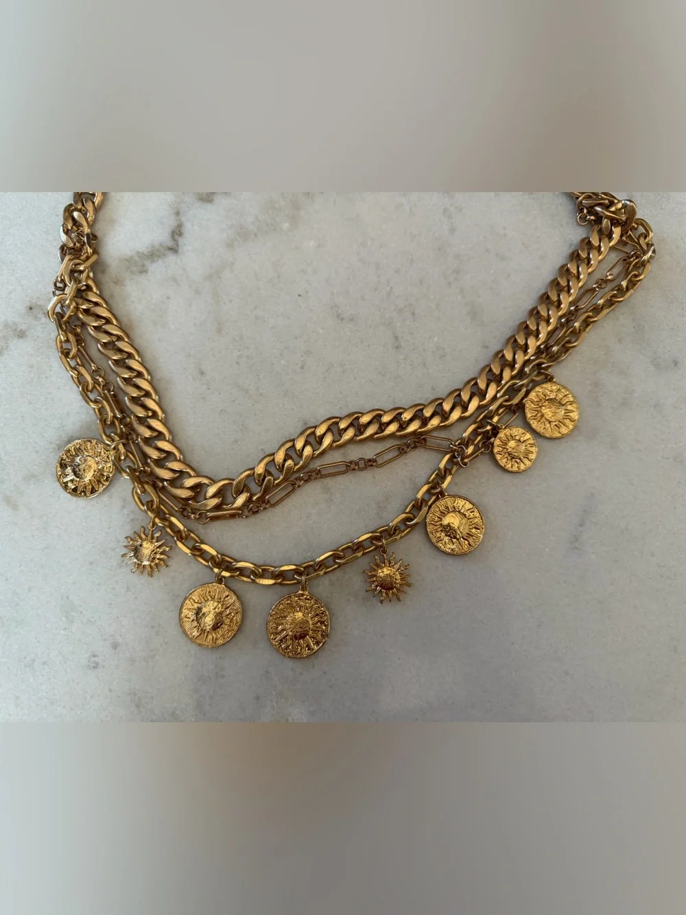 Zara Layered Gold Chain Charm Waist Belt | Coin & Sun Medallion Statement Belt